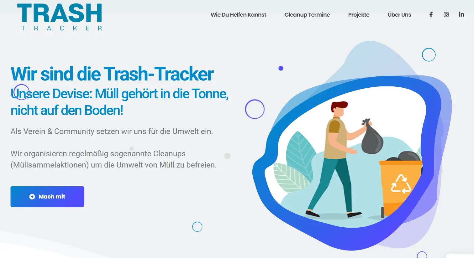 Screenshot der Trash-Tracker Vereinswebsite mit Kalender und Beitrittsformular